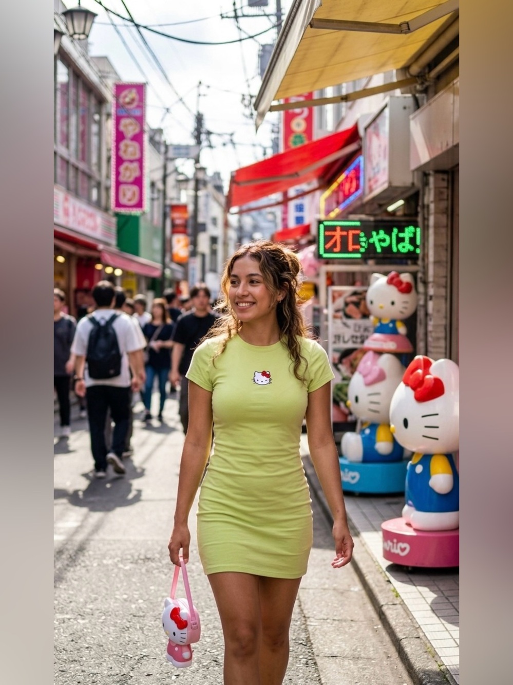 Y2K Inspo Hello Kitty Lime Green Bodycon Mini Dress - Short Sleeve Ribbed Summer
